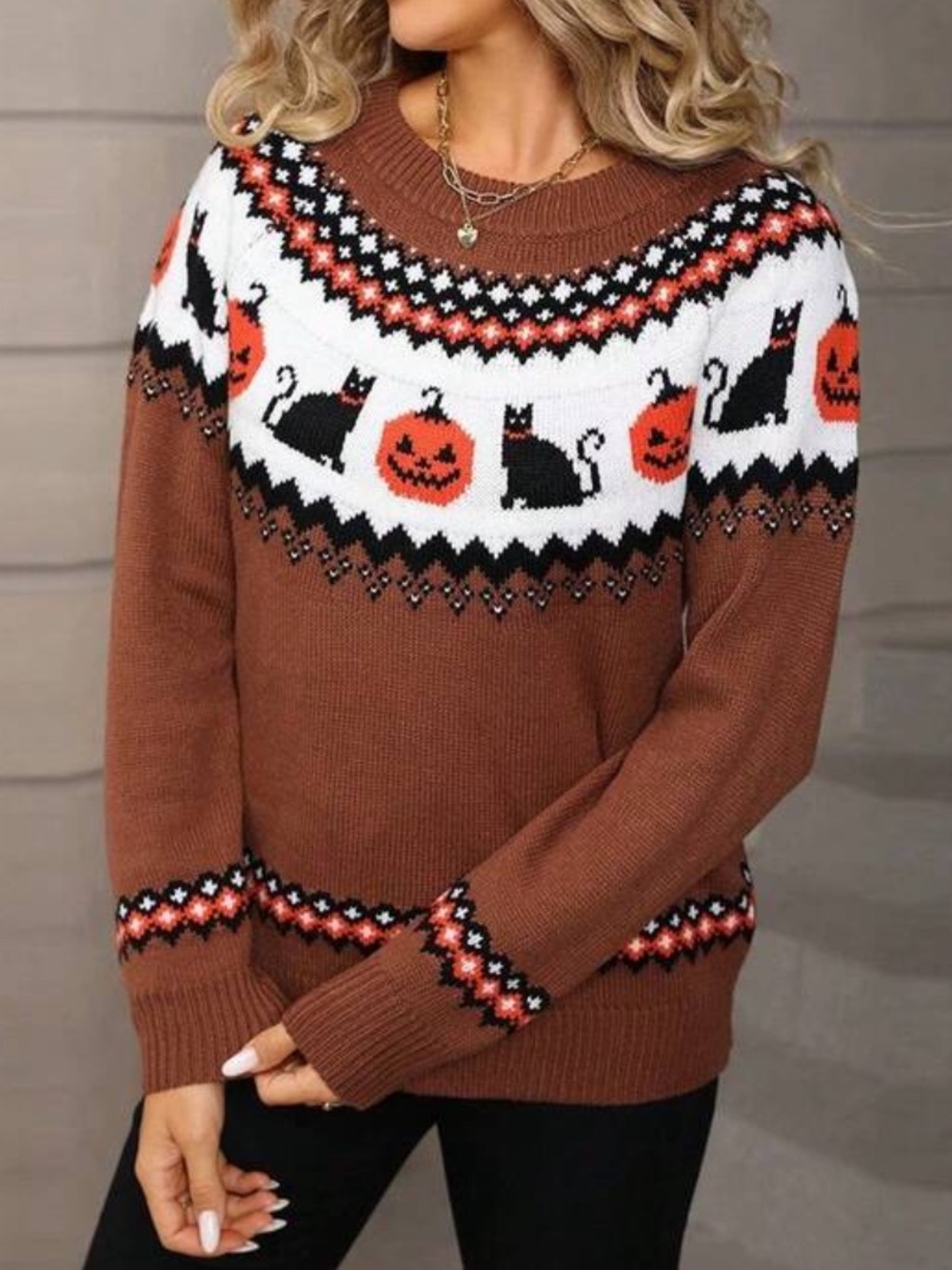 Women's Brown Halloween Fair Isle Sweater with Cat & Pumpkin Motif
